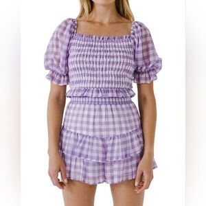 NWT English Factory Lilac Gingham Ruffle Skort Set Pastel Puff Sleeve Bloomers